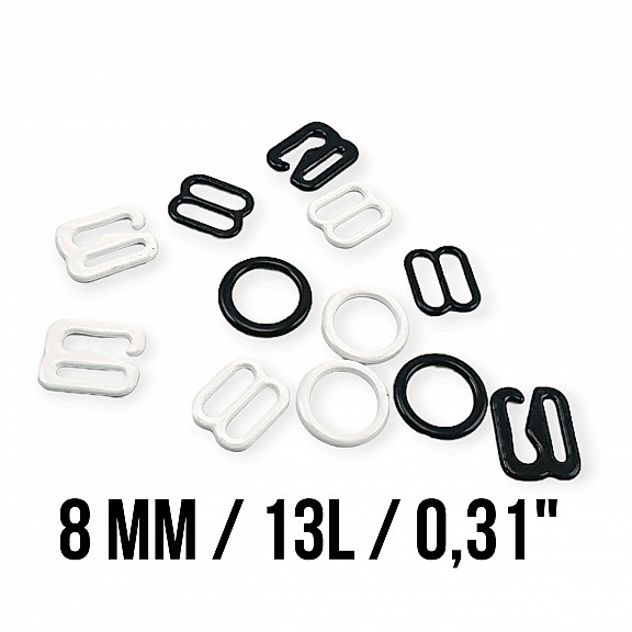 8 mm / 0.31" Metal Nylon Coated Bra Strap Adjustment Buckle - Hook and Ring Set of Three PIR720008