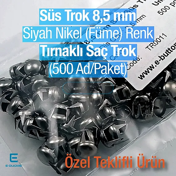 Süs Trok 8.5 mm Siyah Nikel Renk Tırnaklı Saç Trok (500 Ad/Paket) TR0011PK Süs Trok 8.5 mm Siyah Nikel Renk Tırnaklı Saç Trok (500 Ad/Paket) TR0011PK